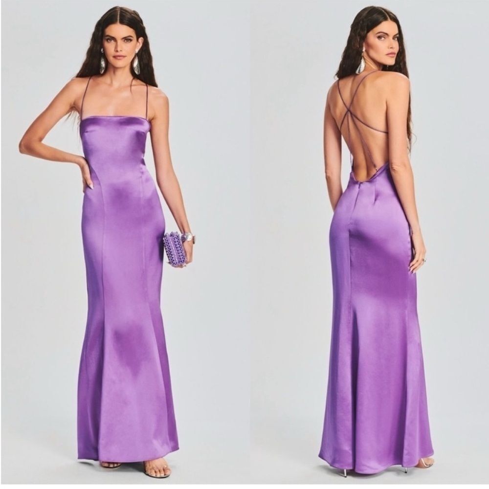 NWT RETROFETE Lucinda Satin Maxi Lace Back Dress In Orchid Purple XS